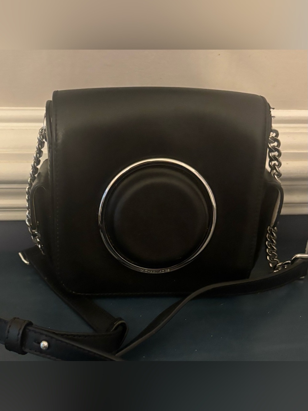 Michael Kors Scout Black Leather Camera Bag Crossbody Silver Chain